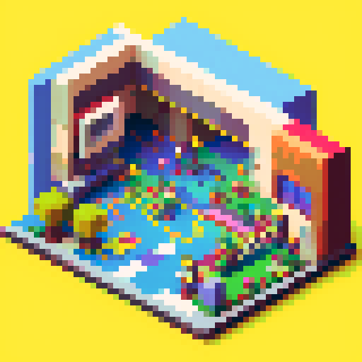 Primary school corridor, vibrant lockers, playful schoolkids, pixelated artwork, colorful backpacks, chalkboard drawings, cartoonish characters, pixelated alphabet posters, joyful laughter, hopscotch patterns, retro video game references, pixel art mural, crayon scribbles, geometric shapes, 8-bit graphics, bright neon colors, retro computer icons, retro arcade machines, pixelated school uniforms, blocky textures, nostalgic atmosphere, pixelated school supplies