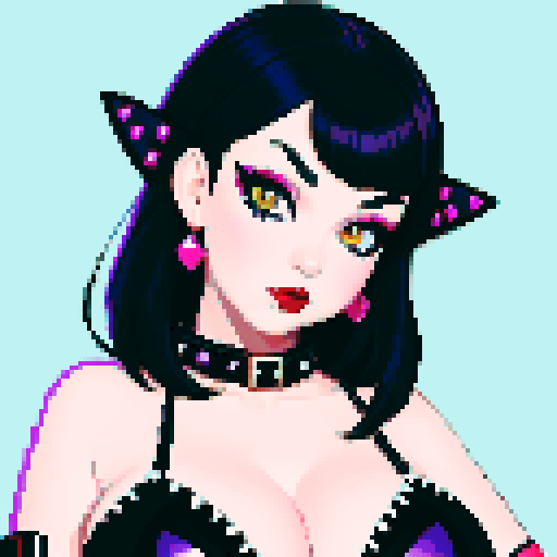 Cat girl, curvy, cute goth girl with black hair, purple eyeshadow, and red lipstick, wearing a bikini, studded collar, in a glamour shot, sRGB color