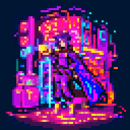 magic mage cyberpunk girl with vibrant purple hair, glowing tattoos, and a flowing cloak, surrounded by holographic neon signs and futuristic market stalls, all rendered in pixel art with a vivid sRGB color palette