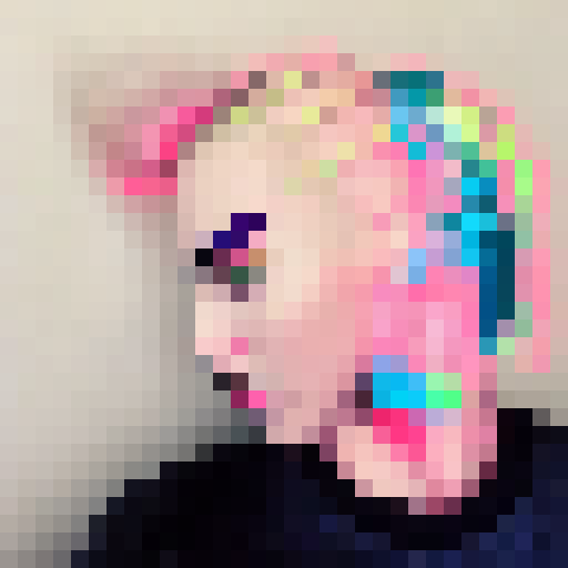 Neon-lit cyberpunk portrait with vibrant hues of electric blue, hot pink, and acid green in a 16x16 pixel art style.