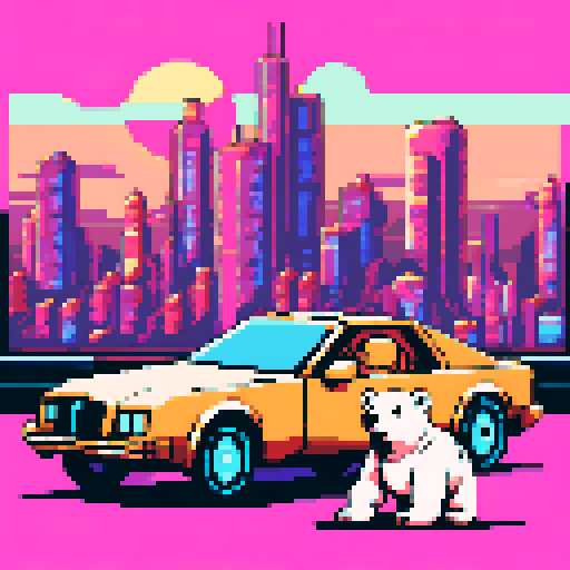 "An 8-bit pixel art of a polar bear cruising in a luxury sports car, decked out in gold chains, sunglasses, and a snapback hat. The car's futuristic dashboard glows with cryptocurrency charts and wallet balances. The bear leans back confidently, one paw on the wheel, as the car speeds past a neon-lit cityscape filled with crypto-themed billboards and digital ads. The scene blends high-tech vibes with flashy crypto wealth."