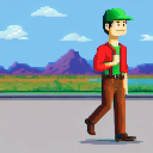 human in brown pants with belt, green shirt, non-realistic