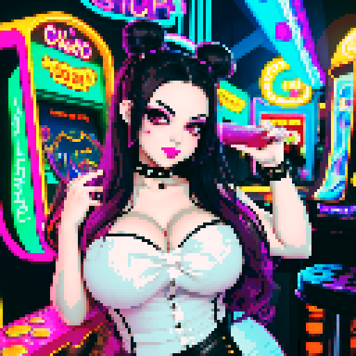 Curvy cute goth girl bartender, hair in buns, dark smoky eyes, black studded choker, fishnet stockings, pouring colorful cocktails, retro arcade game machines, pachinko machines, vibrant sRGB colors