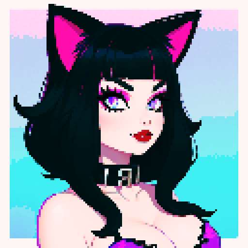 Cat girl, curvy, cute goth girl with black hair, purple eyeshadow, and red lipstick, wearing a bikini, studded collar, in a glamour shot, sRGB color
