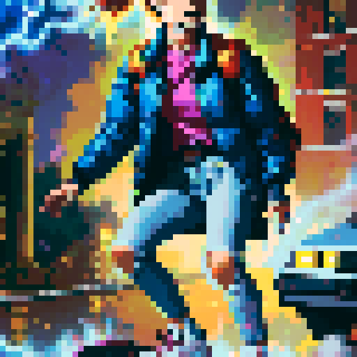 8-bit style portrait with vibrant, retro colors, showcasing a pixelated character in a dynamic pose against a black background, reminiscent of classic video games