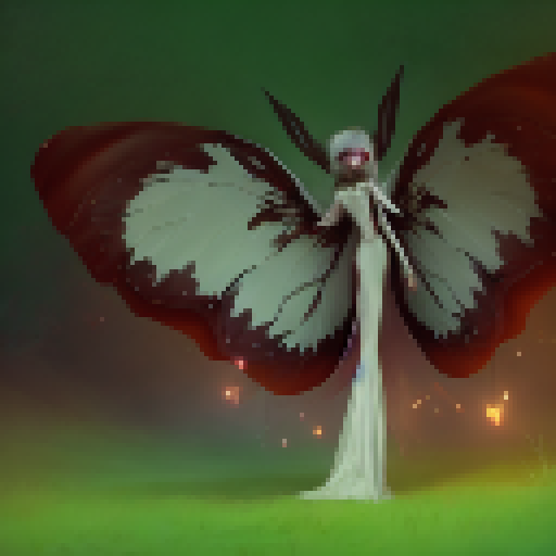 Mothwoman, a large white creature in a long white gown with piercing red eyes that seem to glow in the dark, hypnotic wings, and hauntingly beautiful face, found in the forest with an emphasis on Fantasy RPG art style.