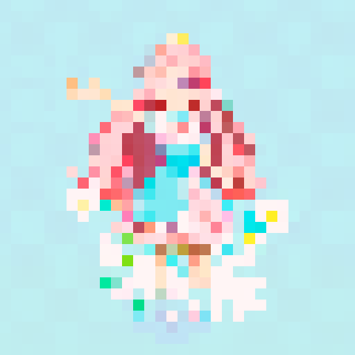 Anime girl with vibrant pink hair, wearing a flowing blue dress adorned with white flowers, waving joyfully with a gentle smile on her face in a pixel art style using the sRGB color space