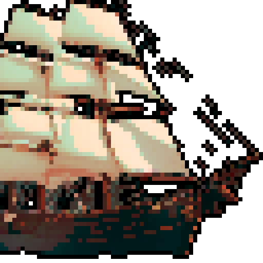 British frigate circa 1800 with a dark oak wooden hull, 14 gun ports, cream-white canvas sails on three tall masts Golden-brown stern carvings, reddish-copper bottom plating, turquoise Mediterranean waters. Weathered gray ropes and rigging under warm morning light, character portrait, close up, anime style, pixel art.