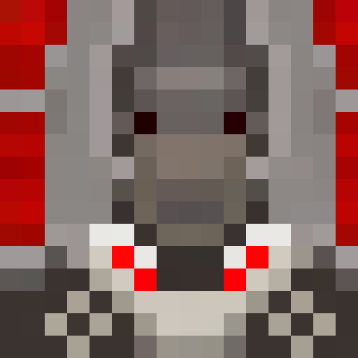 Cracked white mask with black hole eyes, dark red open jacket with light grey strings, light grey shirt under, and black shoes in a game icon close-up portrait with a pixel art style.