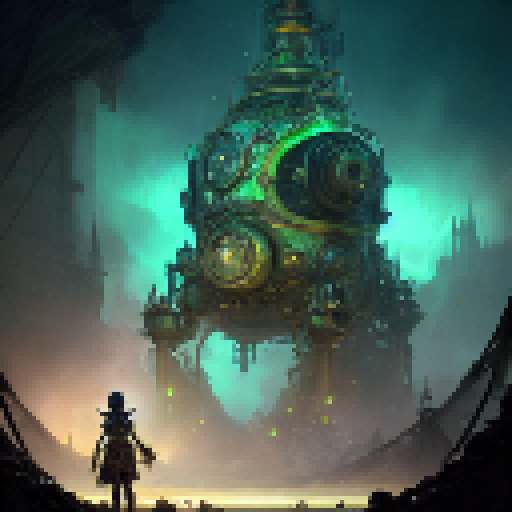 "Steampunk elder doctor, adorned in black and green, stands atop a towering brass machine, surrounded by swirling gears and steam, holding a glowing vial filled with elixir."