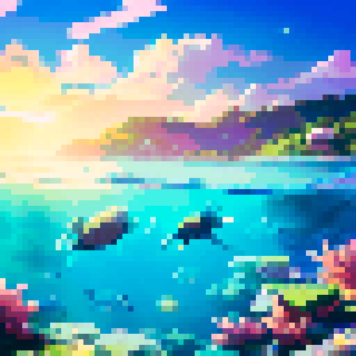 Majestic sea turtles and colorful sea creatures frolic in crystal clear waters while a vibrant sunset paints the sky in a Ghilbi Studio-inspired anime beach scene.