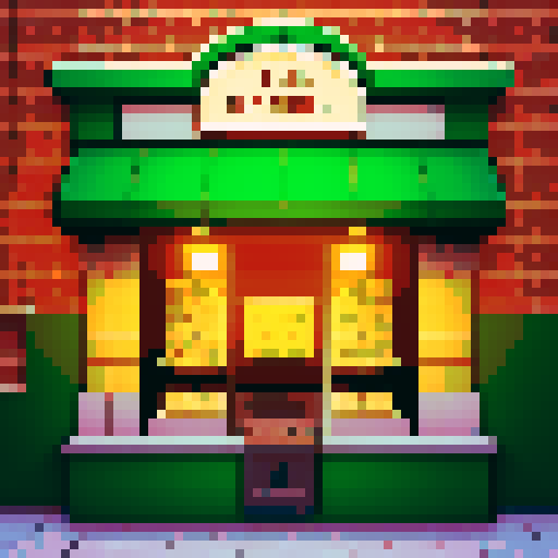 Old-school bank, vintage teller window, pixelated dollar bills, sRGB colors, brick exterior, retro vault door