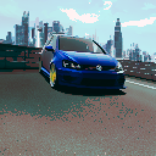 Drifting Volkswagen Golf Mk2, surrounded by towering skyscrapers and a vibrant cityscape, all rendered in a dynamic anime style.