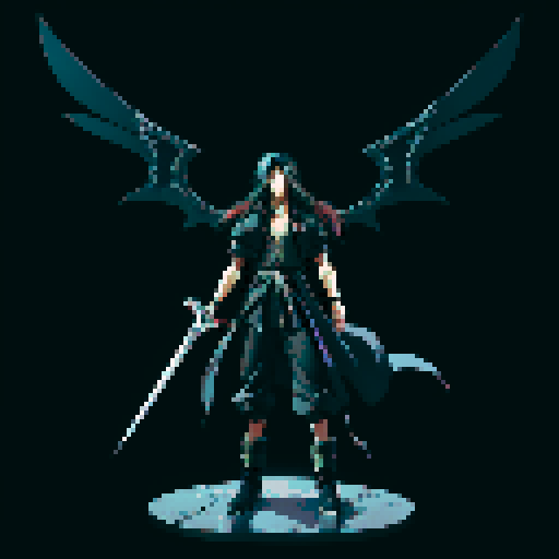 Full-body image of Sephiroth from FF7 with black hair, alone.