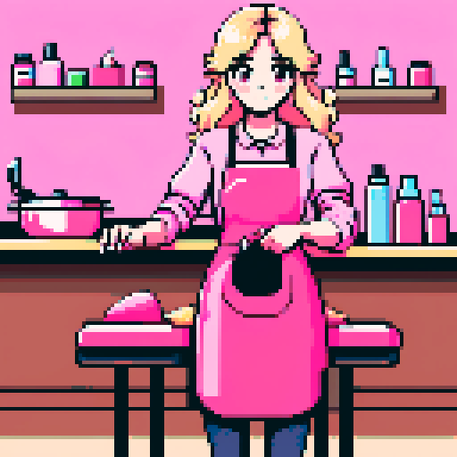 long blonde wavy hair, pink apron, table, hand massage, brunette girl, nail salon, pixel art, sRGB