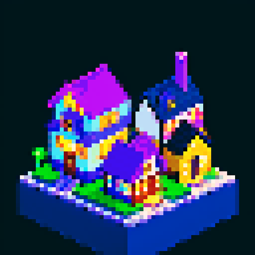 pixelated houses with vibrant rooftops, a mysteriously glitched, black, out-of-place abode, sRGB, pixel art