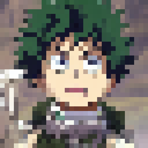 "Deku, wielding a glowing green sword and shield, stands victorious atop a mountain of defeated orcs, his emerald hair flowing in the wind as he gazes out at the sprawling medieval kingdom laid out before him."
