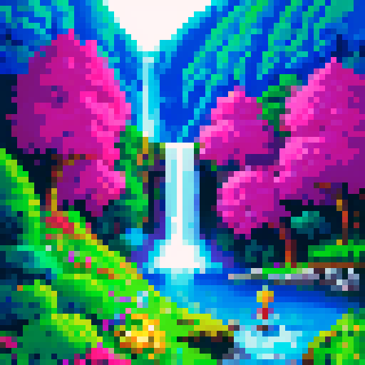 Awesome picture featuring a vibrant, pixelated landscape with a majestic, glowing waterfall, surrounded by lush, pixelated trees and a clear, sRGB color palette