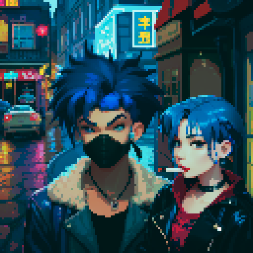 blue haired 90s pop girl on the right is smoking a cigarette, and the man on the left with black hair is holding a gun, night time rainy oldtime villag, grim