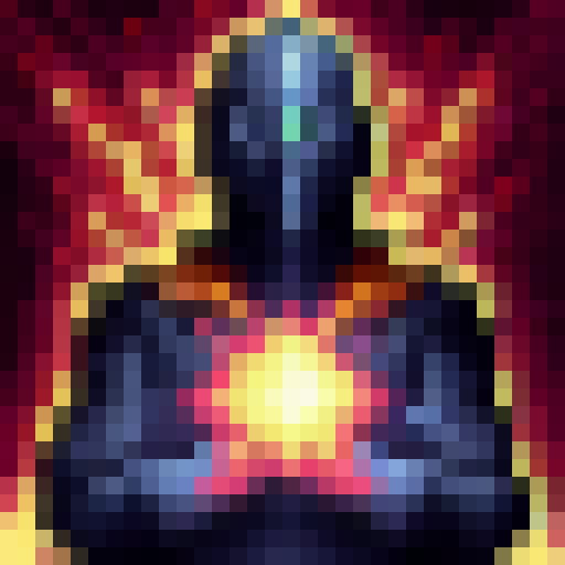 Warlock conjuring void bolts amidst a stormy sky, with pixelated lightning illuminating their silhouette in a 32x32 skill art style.