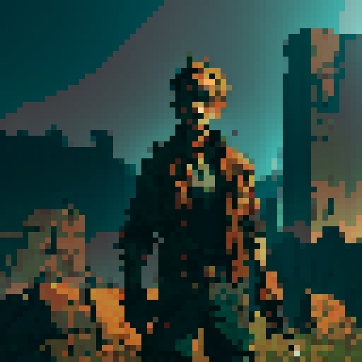 Create a 2D pixel art character for a post-apocalyptic game with a decay theme. The player is a rugged survivor, dressed in tattered clothes and worn-out armor, showing signs of exposure to a decaying world. The character wields makeshift weapons like a rusted blade or a crude gun. The color palette should include muted, earthy tones to emphasize the decay theme.