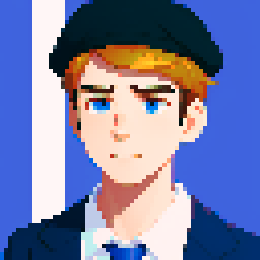 Pixel portrait of a school boy focused on the head. He needs to wear a cap.