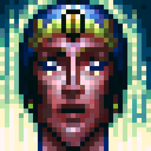 "Norse and Hindu gods relax together, depicted in skillful 32x32 pixel art with a game icon style, showcasing intricate close-up portraits and vibrant sRGB hues."