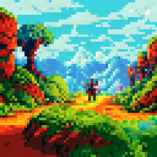 Horseback warrior 赵云 charges through a misty, mountainous battlefield, wielding a long spear and adorned in armor, with the vibrant, pixelated landscape of rolling hills and forests stretching out behind him