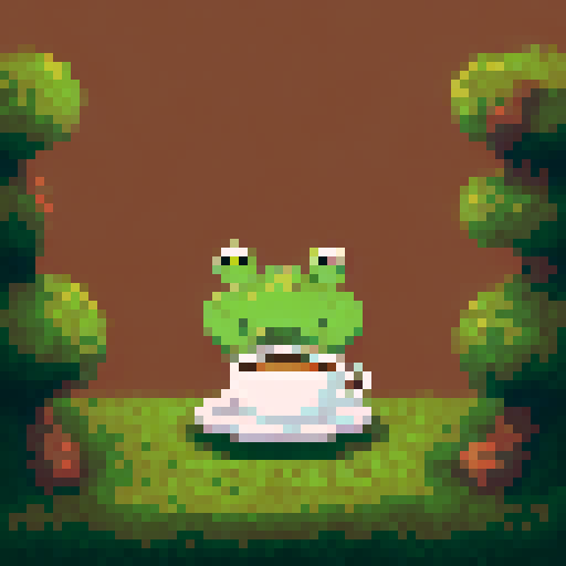 In the cozy ambiance of a dimly lit room, a small, jovial frog perches comfortably upon a plush couch chair, its diminutive size emphasized by the vastness of the furniture. The flickering flames of a nearby fireplace cast a warm glow, enveloping the space in a soft, golden light, creating an atmosphere of comfort and relaxation. With a mug clasped delicately between its tiny webbed fingers, the contented frog takes a sip of steaming coffee, its expression reflecting pure bliss, CUTE, KAWAII ART