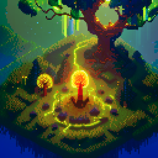 Dozens of glowing vines, pulsating with energy, wrap around a towering, gnarled tree with sparkling leaves, guarded by ethereal spirits wielding crackling lightning bolts in a pixel art landscape, with a background pulsing in sRGB hues