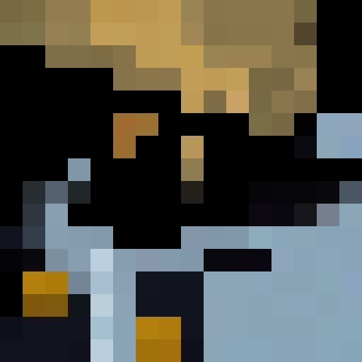 A pixelated wizard, with a long white beard, casting a spell with glowing blue eyes, in a close up portrait style for a game icon in 16x16 resolution.