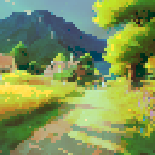 Golden wheat fields sway in the summer breeze as a quaint village nestled among small woods beckons in this warm, pastoral landscape portrait.