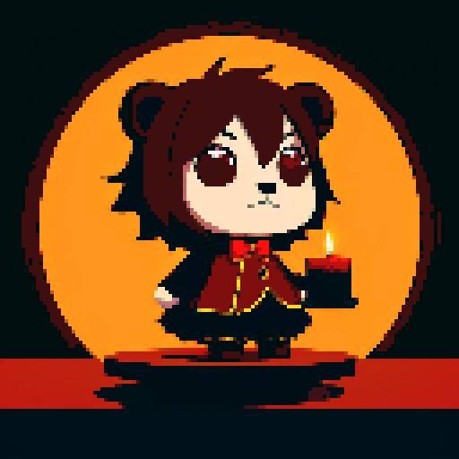 chibi bear, button eyes, gothic anime, plush brown fur, in a relaxed mascot pose, enveloped by a rich red background with artistic black shadows. Features a magic ball, a satanic pendant, profile picture avatar, and a softly glowing wax candle on a table draped in a red tablecloth. Created Using: retro pixel aesthetic, gothic atmosphere, shadow play, poster-style composition, mystical and magical elements, vivid colors, hd quality,