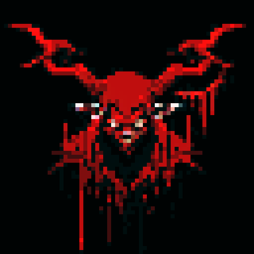 blood splatters, baphomet, dark shadows, gruesome violence, pixelated gore, vibrant red hues, intense contrast, jagged edges, macabre artistry, detailed dismemberment, visceral horror, pixelated blood, chilling brutality, sRGB color palette, hauntingly beautiful, gruesome pixel art