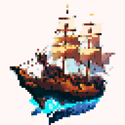 Pirate ship, large cannons, two white square sails, facing North, 3/4 view, transparent background, sRGB, pixel art
