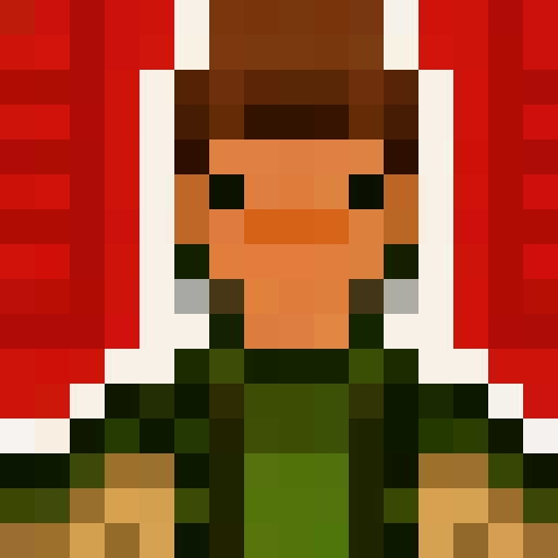 Green and brown pixelated archer, in a close-up portrait, with a game icon style, showcasing their bow and arrow.