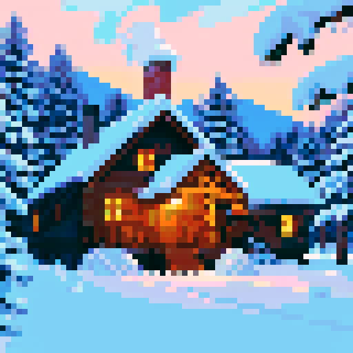 snow-covered cabin, surrounded by tall pine trees, smoke rising from the chimney, warm glow radiating through the frost-covered windows, icicles hanging from the roof, chimney bricks made of pixel art, cozy atmosphere, pixelated smoke wafting from the chimney, vibrant sRGB colors highlighting the snowy landscape