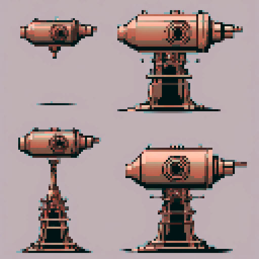 I want a copper structure reminiscent of the gun on top of a turret, seen from a head on two dimensional perspective. The design should be relatively simple. I also want this object usable as an asset in a videogame, meaning only one object per image, outlined with a strong black stroke, on a solid-color background.