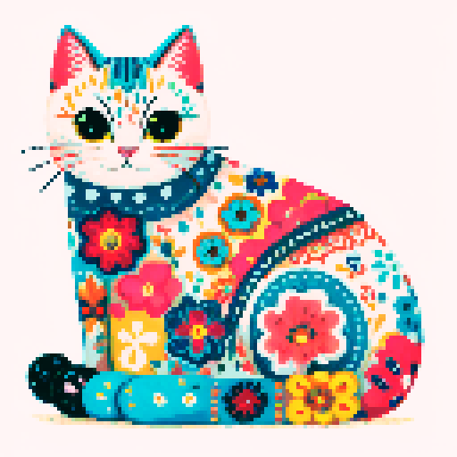 sitting, very colorful cat, with dots, flowers, patterns,  white background