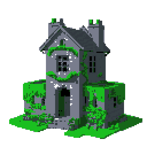 2d grey stone house in an ancient english style. Old and crumbling but still upright. Green vines crisscross it. Usable as an asset (clear, thick lines and a white background). Put a black stroke around the composition