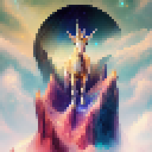 Towering unicorn, rainbow mane, golden hooves, glittering gems and jewels, cascading waterfalls, mystical floating islands - create a fantasy RPG image of this majestic creature standing atop a mountain.