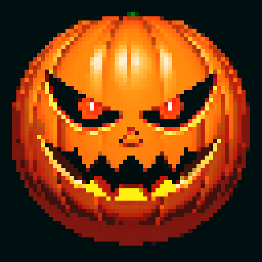scary pumpkin face, creepy grin, glowing eyes, jagged teeth, vibrant orange, black shadows, pixelated texture, sRGB color palette, blank background