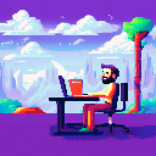 Bushy-bearded programmer furiously typing at desk with black-and-white cat lounging atop computer tower amidst a retro game-style, pixelated landscape with vibrant sRGB colors