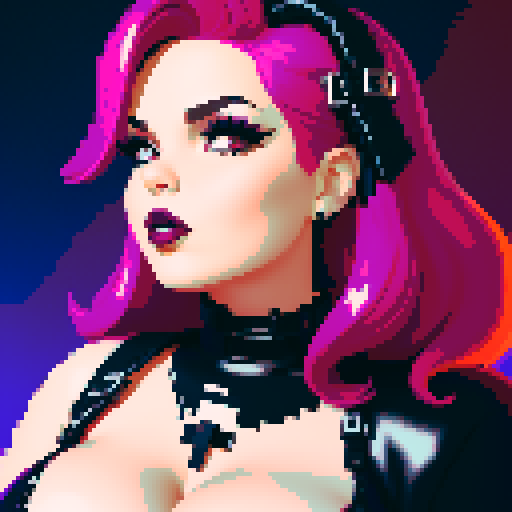 curvy, busty goth girl, whole head portrait, face portrait, close up, glamour shot, leather bikini, modern tile backsplash, vivid colors, pixel art, sRGB