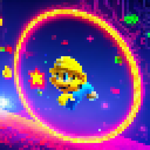 Mario jumping through a pixelated world, collecting shiny cryptocurrency coins with a neon glow, surrounded by blockchain technology.