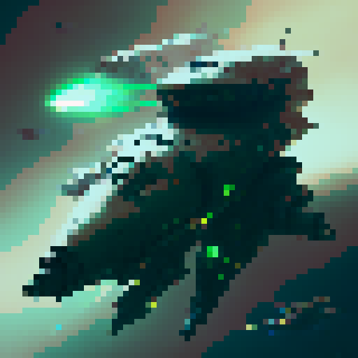 a green spaceship with 3 engines and large weapons