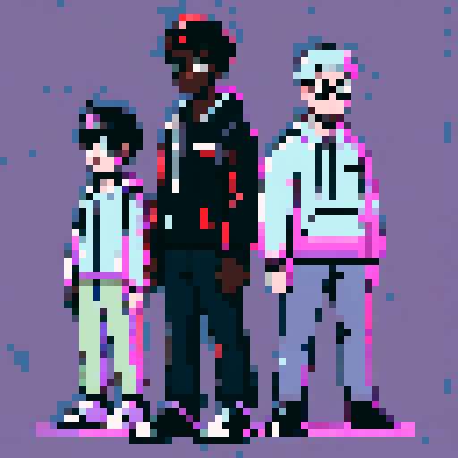 black person, asian person, white person, standing together, pixel art, sRGB
