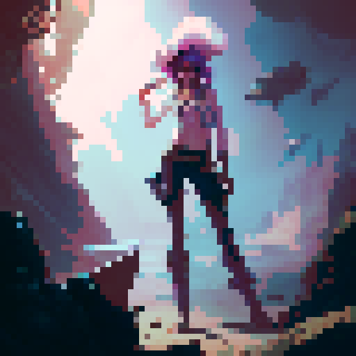 female pirate captain with pink hair, white frilly shirt, and captain's hat, holding flintlock pistols, on the bow of her ship, looking defiant against sinister albatrosses, crabs, and deep sea creatures, fantasy RPG