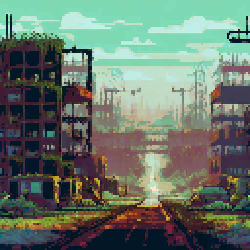 post-apocalyptic factory building, abandoned machinery, rusted pipes, overgrown vines, decaying buildings, shattered windows, eerie silence, nature reclaiming, vibrant pixelated colors, sRGB palette, atmospheric landscape
