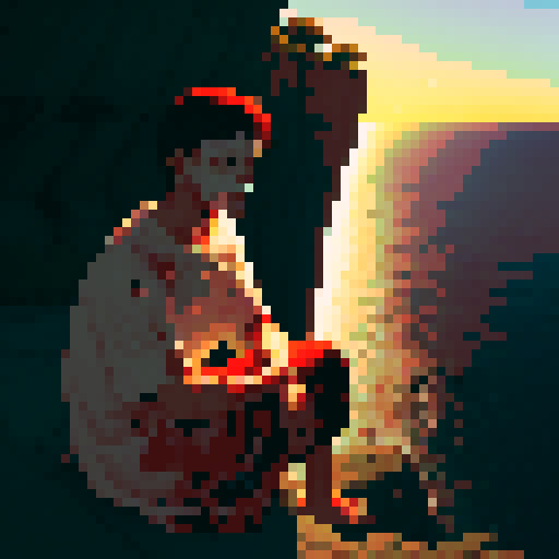 Bloodied man with gauze wrapped all around his body looking slightly down into his hand with his heart in it sitting on the cliffside looking towards the ocean with the sun setting in the distance